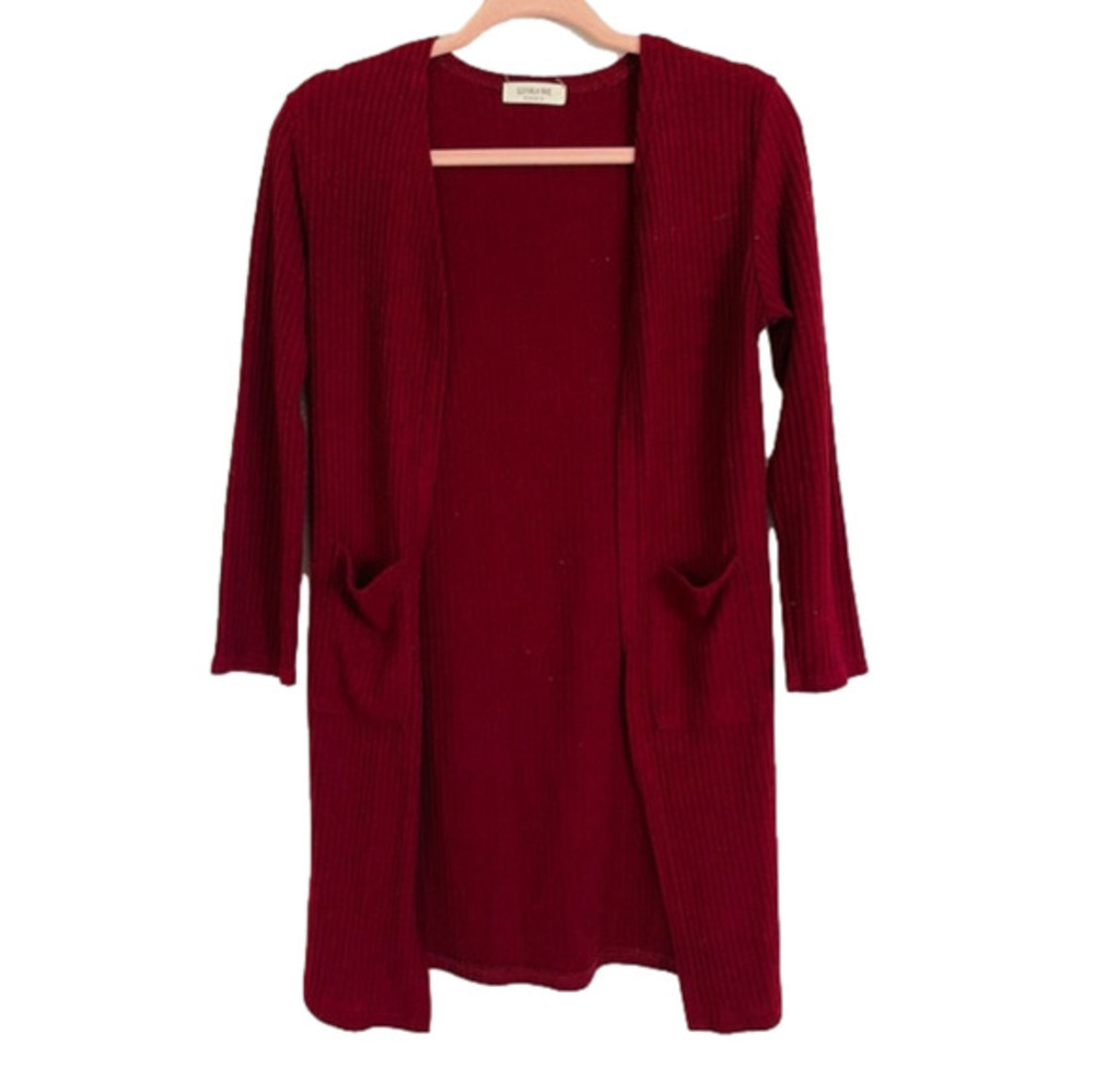 Long Maroon Knit Cardigan with Pockets